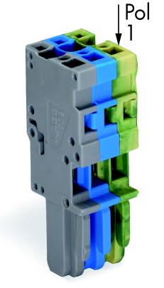 Ein elektrischer Steckverbinder mit farbigen Steckplätzen in Grün und Blau. Oben befindet sich eine Beschriftung: 'Pol 1'.
