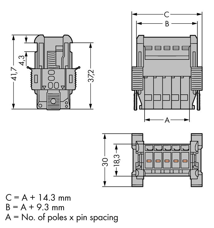 Technische Zeichnung eines Steckverbinders mit Maßen. Formeln zur Berechnung der Abmessungen: C = A + 14,3 mm, B = A + 9,3 mm.