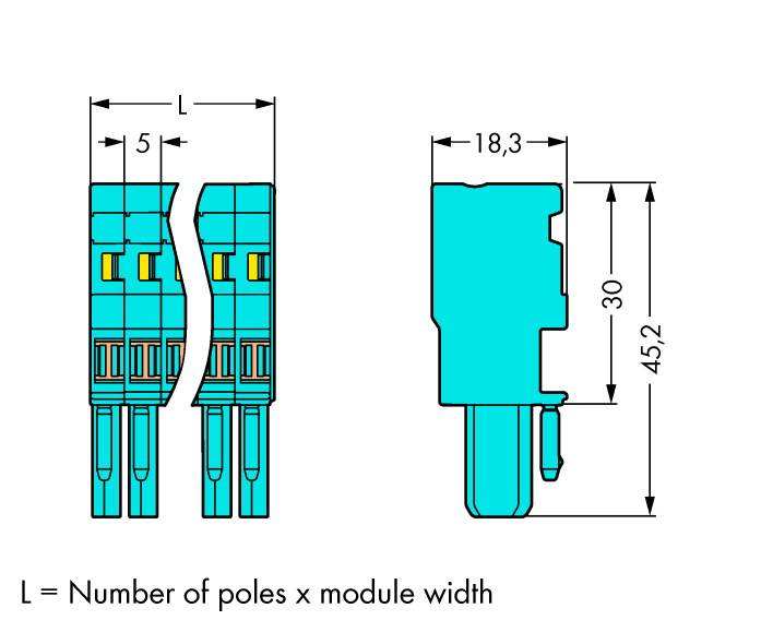 Technische Zeichnung einer elektrischen Steckverbindung mit Maßen: Breite 5, Höhe 30-45,2, Länge variable mit Anzahl der Pole mal Modulbreite.