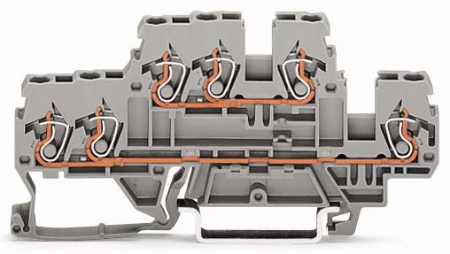 Ein grauer elektrischer Klemmenblock mit mehreren Anschlüssen und integrierten Verbindungen zeigt den inneren Verdrahtungsverlauf.