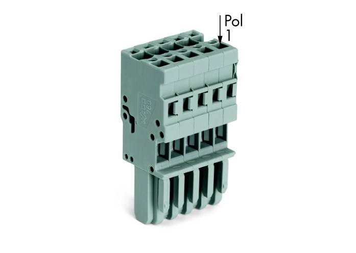 Mehrpoliger Steckverbinder in grün mit acht Anschlüssen und Aufschrift 'Pol 1'. Anschlüsse unten sichtbar.