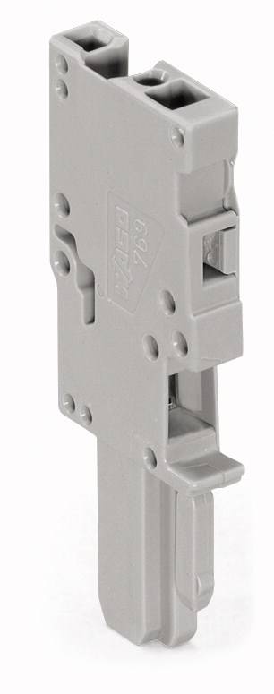 Graues, vertikal stehendes elektrisches Bauteil, vermutlich ein Trennschalter oder Klemmenblock, mit rechteckigen Aussparungen im Gehäuse.