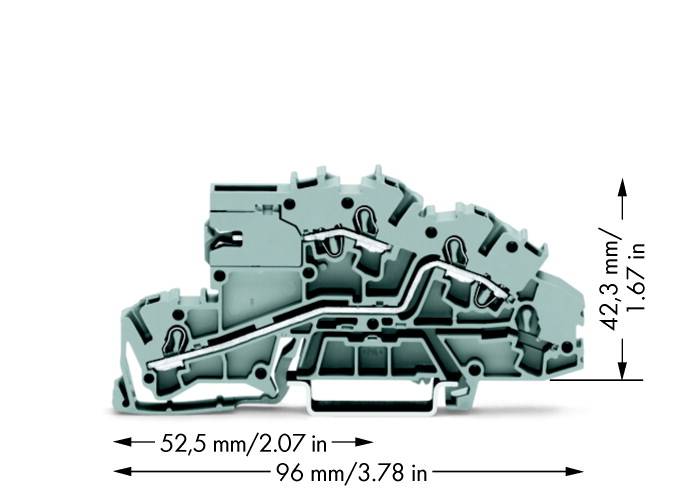 Ein Klemmblock mit Abmessungen von 52,5 mm Breite und 42,3 mm Höhe. Die Länge beträgt 96 mm. Ideal für den elektrischen Anschluss.