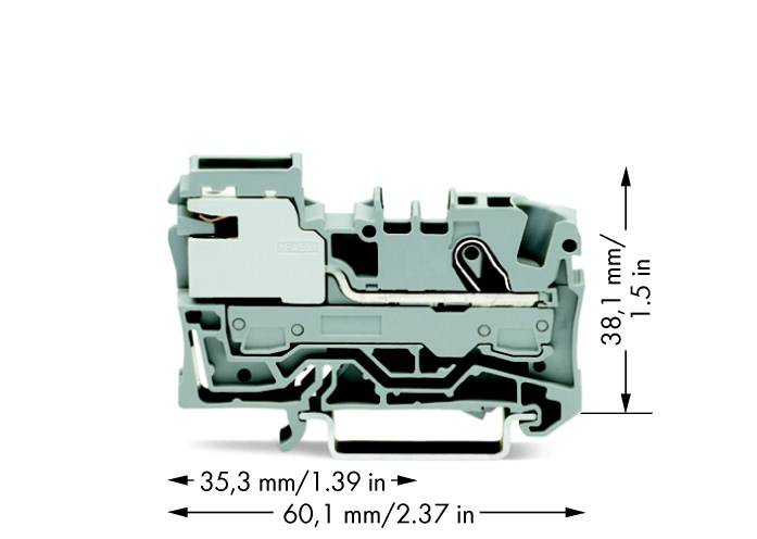 Industrieklemme mit Abmessungen: 38,1 mm Höhe, 60,1 mm Länge, 35,3 mm Breite. Dient zur sicheren Verbindung elektrischer Leitungen.