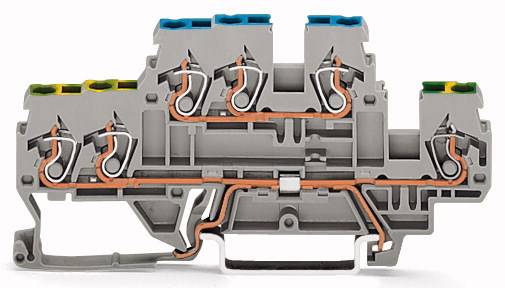 Ein grauer, mehrstufiger Elektroklemmblock mit blauen und grünen Anschlüssen. Kupferleitungen sind durch das Gehäuse sichtbar.