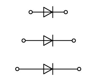 Drei Symbole einer Diode, die von einem vertikalen Strich und einem Dreieck gebildet werden, sind aufeinander gestapelt.