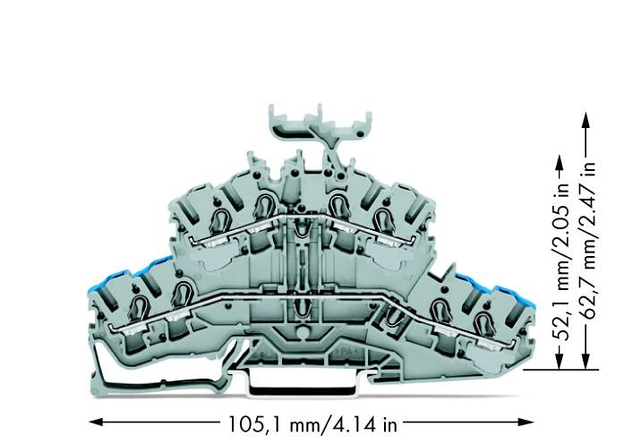 Querschnitt eines grauen Anschlussklemmenblocks mit detaillierten Maßen: Breite 105,1 mm, Höhe 62,7 mm, Tiefe 52,1 mm.