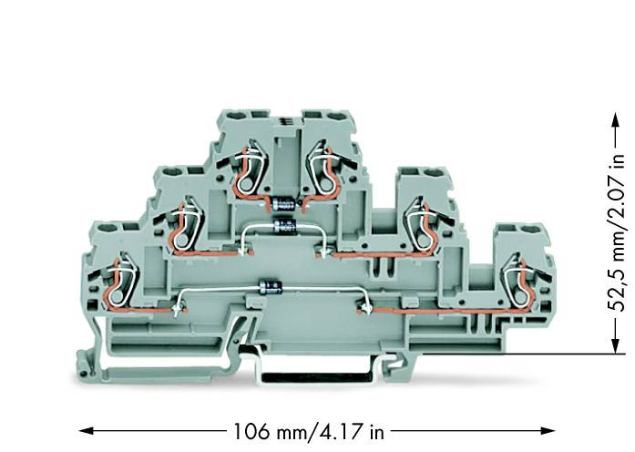 Klemmblock mit vier Anschlusspunkten, Drahtanschlüsse sichtbar. Maße: 106 mm Länge, 52,5 mm Höhe. Geeignet für elektrische Verbindungen.