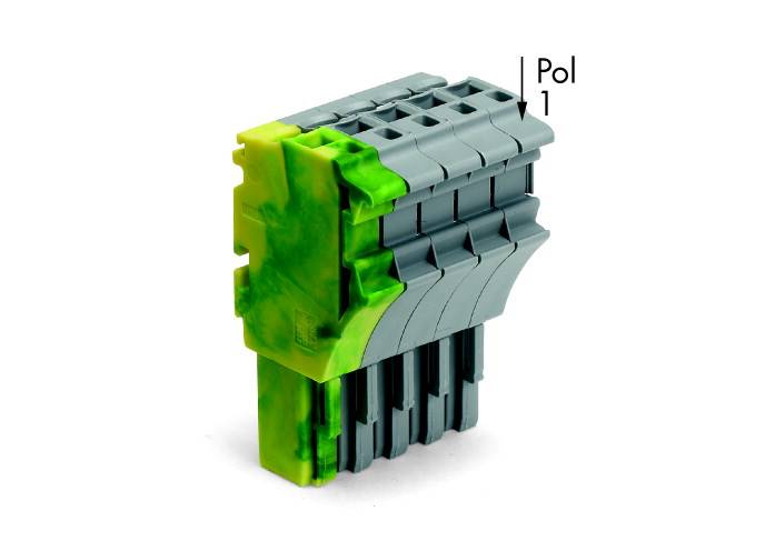 Ein grüner und grauer elektrischer Steckverbinder mit der Beschriftung 'Pol 1', der für industrielle Anwendungen geeignet ist.