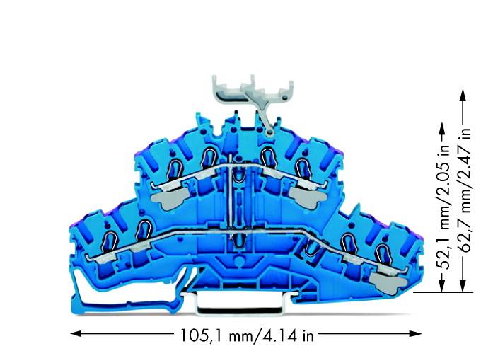 Blaues, mehrstufiges Reihenklemmenprofil mit Maßen: Breite 105,1 mm, Höhe von 52,1 mm bis 62,7 mm.