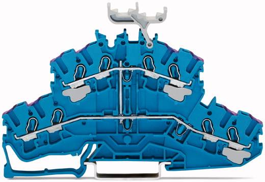 Ein blauer dreistöckiger Reihenklemmenblock in Querschnittsansicht mit erkennbaren Anschlüssen und Klemmelementen.