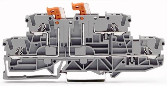 Grau-orange Klemmenblock mit mehreren Anschlussstellen, geeignet für elektrische Verdrahtungen in industriellen Anwendungen.