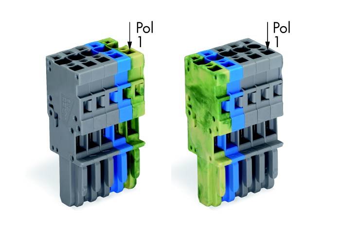 Zwei elektrische Steckverbinder mit farbkodierten Sektionen in Schwarz, Blau und Grün, aufrecht stehend. Beide gekennzeichnet mit 'Pol 1'.