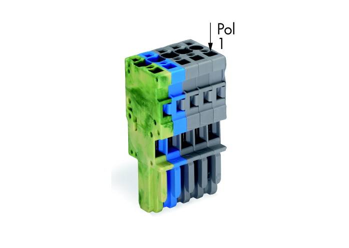 'Steckverbinderblock in Grün und Grau, mit blauen Elementen und Aufschrift 