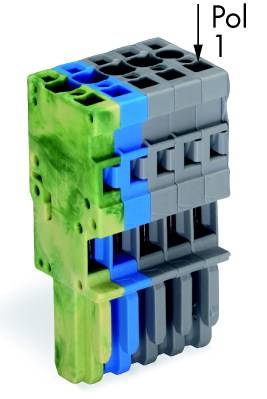 Steckverbindung mit vertikaler Anordnung, farbige Module in Grün, Blau und Grau, beschriftet mit 'Pol 1' oben rechts.