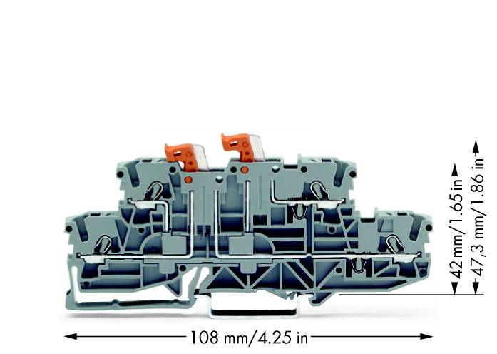 Konventionelle Reihenklemme mit zwei Etagen. Maße: 42 mm x 47,3 mm x 108 mm. Dient der Verdrahtung in elektrischen Schaltschränken.