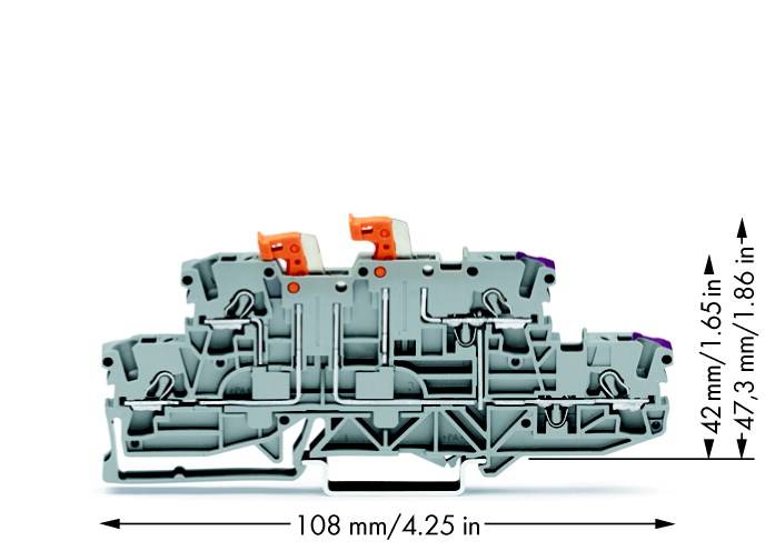 Querschnitt eines grauen Klemmenblocks mit orangefarbenen und violetten Bedienelementen, zeigt Maße: 108 mm (Breite), 42 mm, 47,3 mm (Höhe).