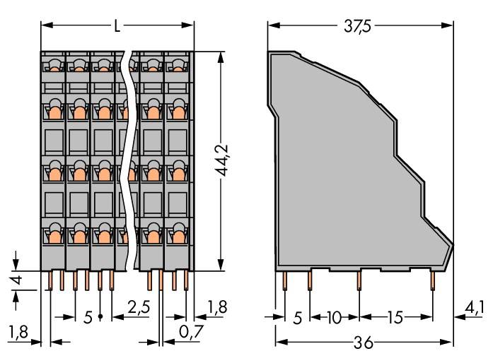 WAGO 738-208 Federkraftklemmblock 2.50mm² Polzahl 32 Grau 18St.