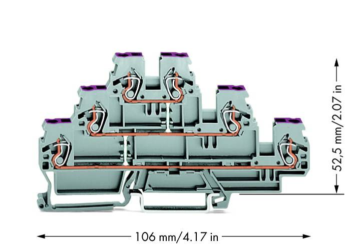 Dreietagenklemme mit Abmessungen: Breite 106 mm (4,17 Zoll), Höhe 52,5 mm (2,07 Zoll). Geeignet für industrielle Anwendungen.
