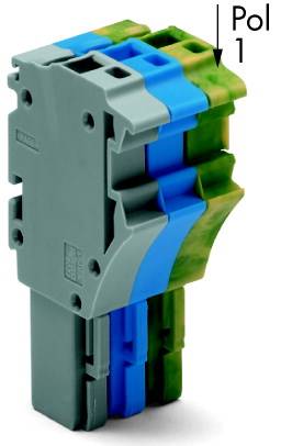 Ein grauer, blauer und grüner Verbinder mit der Beschriftung 'Pol 1' auf der Oberseite, verwendet für elektrische Verbindungen.