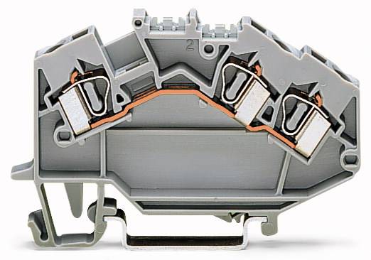 Grau-orange Klammer, die als elektrischer Anschluss dient. Sie hat zwei Steckplätze und ist seitlich mit Metallklemmen versehen.