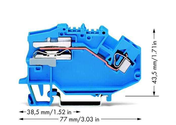 Ein blaues elektrisches Anschlussklemmengehäuse mit Abmessungen: Breite 77 mm, Höhe 43,5 mm, Tiefe 38,5 mm.