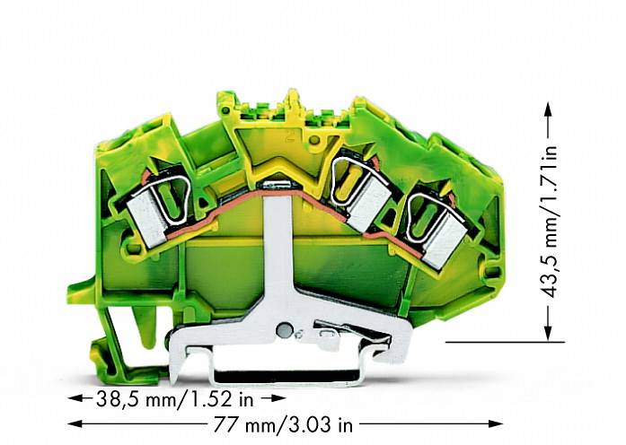 Ein Querschnitt eines grünen elektrischen Anschlussblocks mit Abmessungen: Breite 38,5 mm, Höhe 43,5 mm, Länge 77 mm, zeigt interne Komponenten.