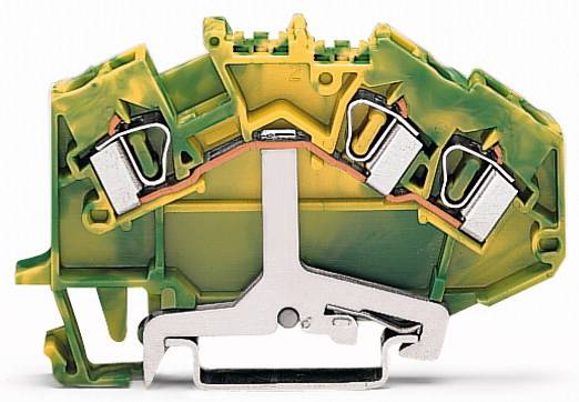 Ein Querschnitt eines grün-gelben elektrischen Klemmenblocks mit drei Anschlussstellen, der innere Mechanismus freigelegt.
