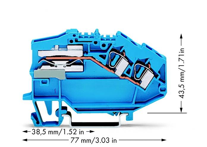 Blaues Kunststoffteil in Querschnittsansicht mit metallischen Kontakten und Maßen: Breite 38,5 mm, Höhe 43,5 mm, Länge 77 mm.