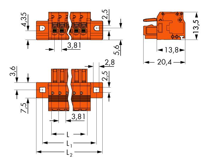 Technical drawing of an electrical connector with dimensional specifications in millimetres. Shows front, side, and top views.
