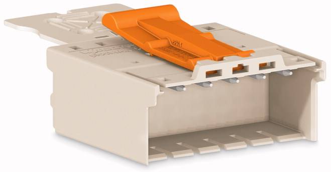 Ein beiger, rechteckiger Steckverbinder mit einer orangen Spannklemme, geeignet für elektrische Verbindungen.