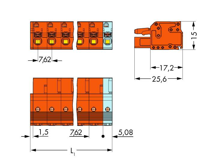 Technical drawing of an electrical connector with dimensions. Top view shows 4 terminals. Side view with measurements 17.2 mm x 25.6 mm.