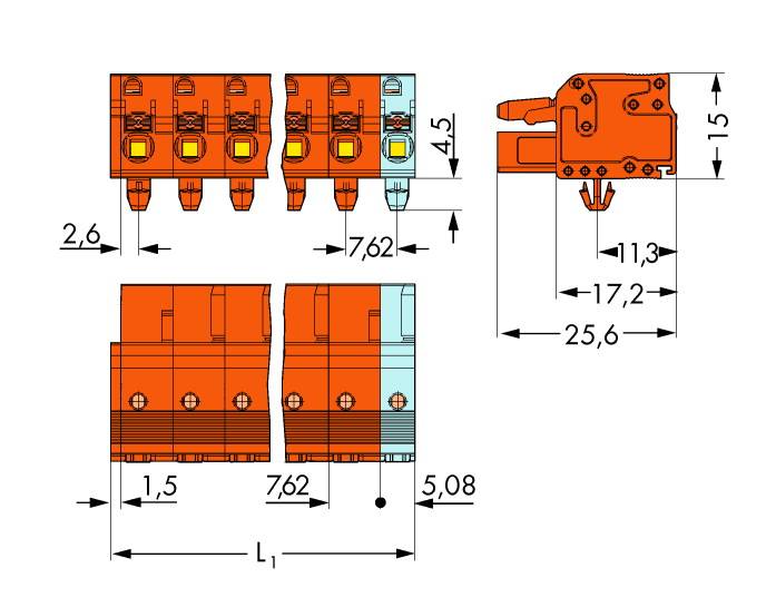 Technische Zeichnung eines mechanischen Bauteils mit detaillierten Maßen, einschließlich Zahlen für Breite, Höhe und Tiefe in Millimetern.
