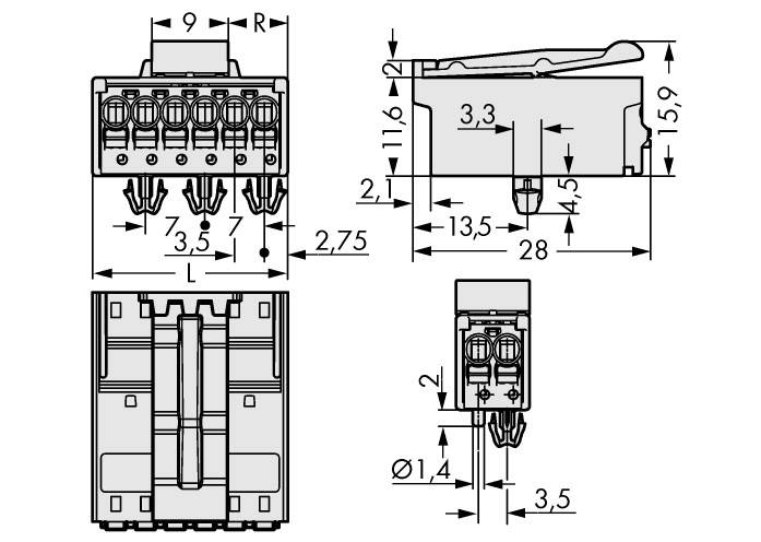 Technische Zeichnung eines elektrischen Steckverbinders mit Maßen in Millimetern, seitliche und obere Ansichten mit detaillierten Abmessungen.
