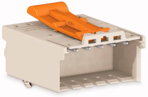 Weiße elektrische Anschlussklemme mit fünf Anschlüssen und orangen Hebeln, die zur Verbindung von Kabeln verwendet wird.