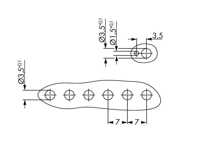 Technische Zeichnung einer Platte mit fünf Löchern, alle im Abstand von 7 mm. Zwei davon mit Maßangaben für Durchmesser und Abstände.