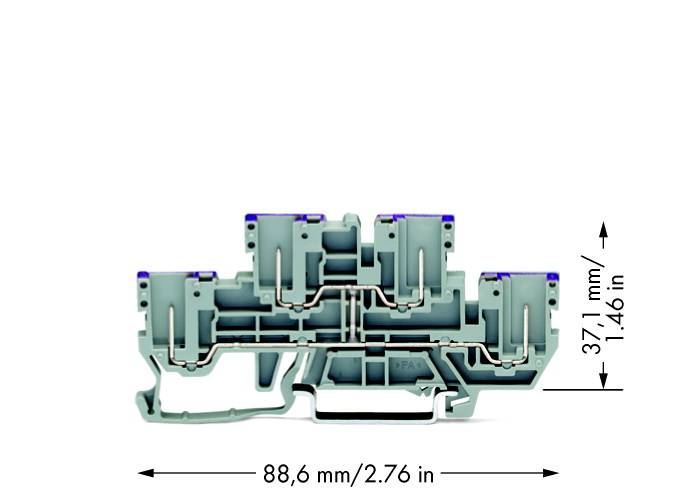 Graue elektrische Klemme mit zwei Ebenen, Abmessungen 88,6 mm x 37,1 mm. Geeignet zur Kabelverbindung in elektrischen Schaltungen.