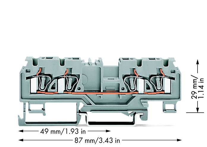 Graue zweistöckige Anschlussklemme mit Maßen: 49 mm (1,93 Zoll) breit, 87 mm (3,43 Zoll) tief, 29 mm (1,14 Zoll) hoch; zeigt Anschlussdetails.