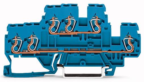 Ein blauer elektrischer Anschlussklemmenblock mit mehreren Anschlussstellen und Klemmstellen zur sicheren Verbindung von Kabeln in Schaltschränken.