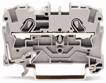 Ein grauer elektrischer Klemmenblock mit W-förmiger Metallfeder, die die Verbindung sichert, und mehreren Anschlussmöglichkeiten.