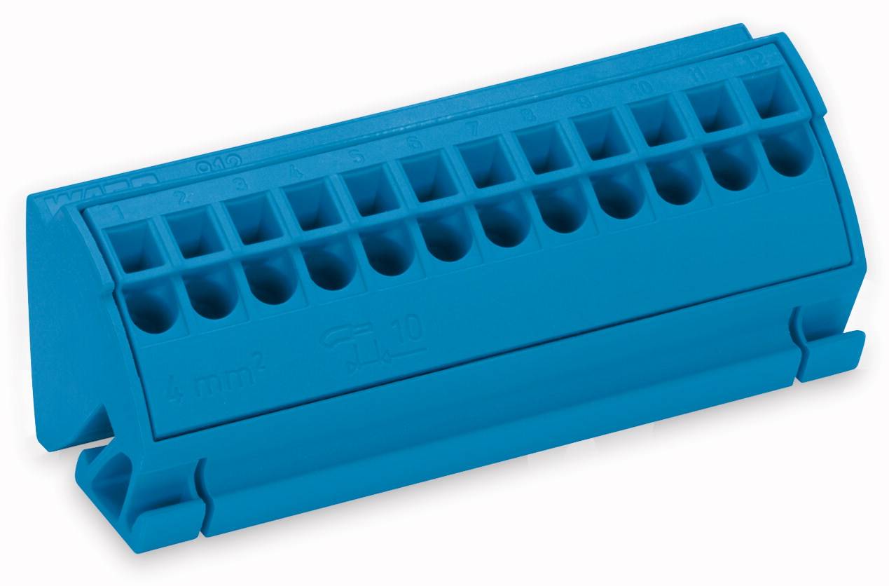 Blauer Steckverbinder mit sechzehn Öffnungen für elektrische Verbindungen.