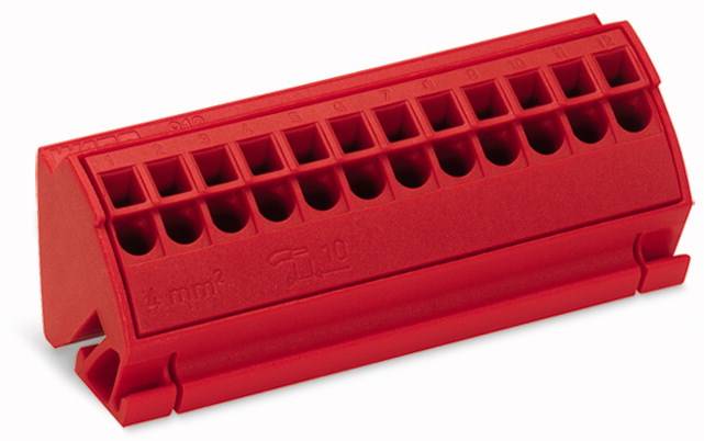 Rote elektrische Anschlussklemme mit mehreren Löchern zur Befestigung von Kabeln.