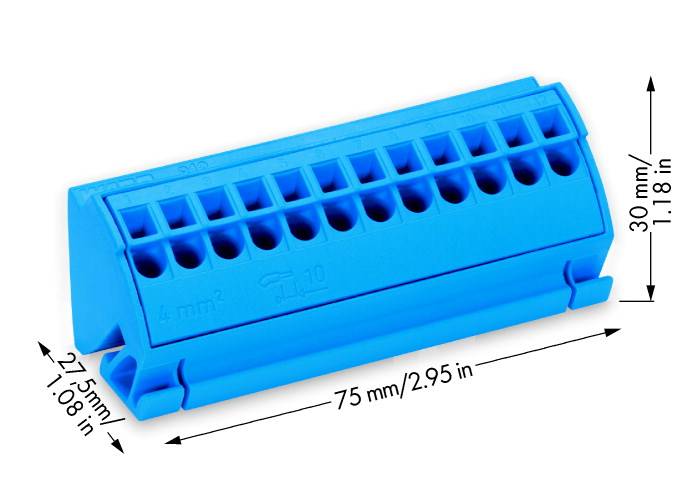 Blauer Kunststoffkabelblock mit zehn Öffnungen, abgebildet mit Abmessungen: 75 mm Länge, 27,5 mm Breite, 30 mm Höhe.