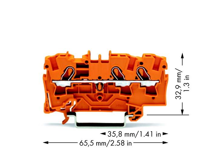 Orangene Klemme mit zwei Anschlussstellen. Maße: 65,5 mm x 35,8 mm x 32,9 mm. Geeignet zur Verbindung elektrischer Drähte.