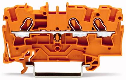 Oranger Klemmenblock aus Kunststoff, dient zum Verbinden elektrischer Leiter, mit metallischen Kontakten in der Mitte.