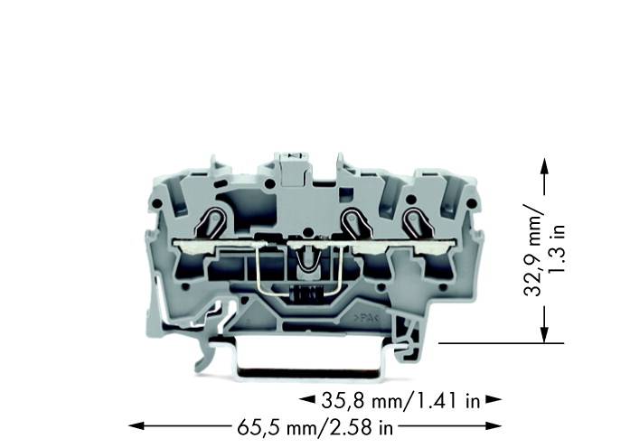 Graues elektrisches Klemmengehäuse mit zwei Steckplätzen, abgebildet mit Maßen: 32,9 mm Höhe, 35,8 mm Breite, 65,5 mm Länge.