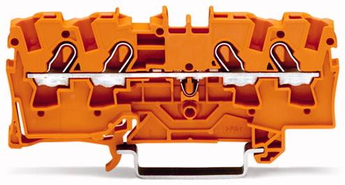 Orange Klemmenblock zur sicheren Verdrahtung elektrischer Kabel. Doppelte Anschlussklemmen, Metallverschluss. Elektrisches Bauteil.