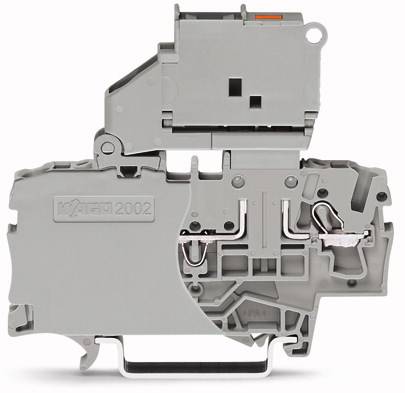 Ein grauer, modularer Klemmenblock aus Kunststoff mit mehreren Anschlüssen, verwendet für elektrische Installationen in Schalttafeln.