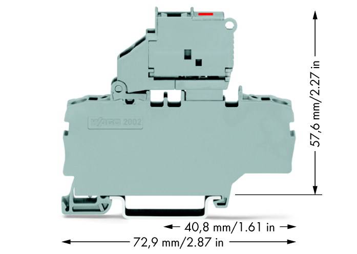 Elektrischer Steckverbinder mit den Maßen 40,8 mm Breite, 57,6 mm Höhe und 72,9 mm Länge. Enthält einen grauen Kunststoffkörper.