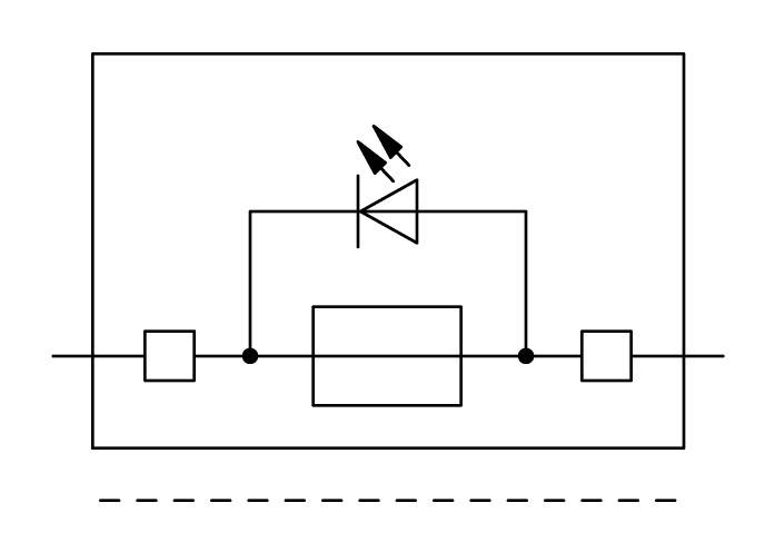 Schaltsymbol einer Elektronikschaltung mit Diode in Serie. Zeigt den Signalfluss zwischen zwei Kästchen mit elektrischer Verbindung.